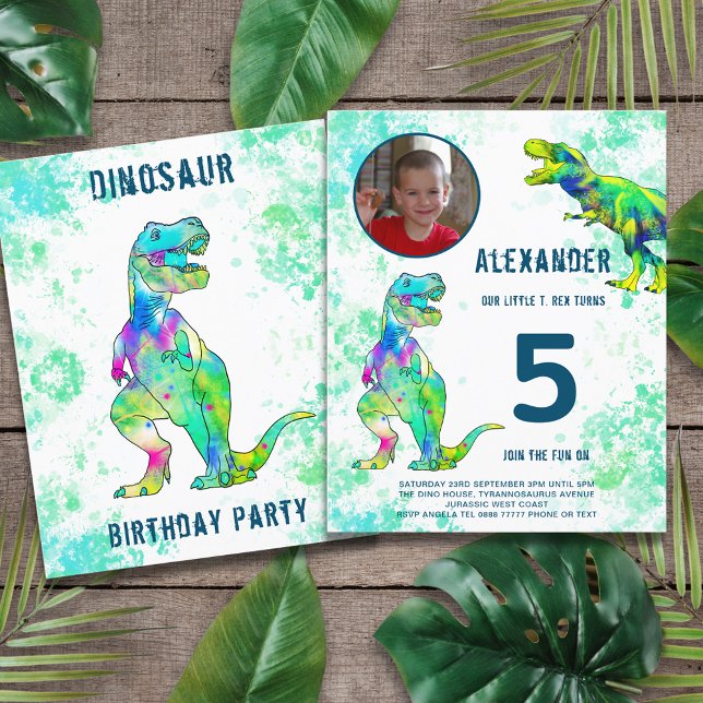 T-Rex 5th Birthday Party Budget (Dinosaur T-Rex jungle 5th birthday party budget invitation with photo template green)
