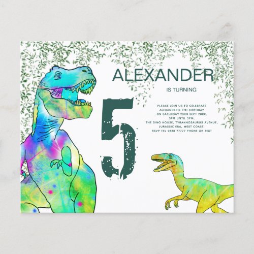 T Rex 5th Birthday Party Budget Invitation Flyer