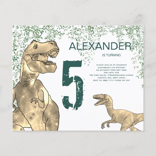 T Rex 5th Birthday Party Budget Invitation Green Flyer