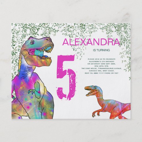 T Rex 5th Birthday Party Budget Invitation Pink Flyer