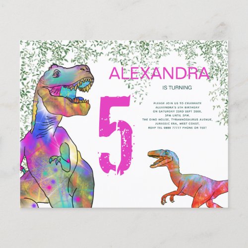 T Rex 5th Birthday Party Budget Invitation Pink Flyer