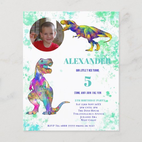 T Rex 5th Birthday party Photo Budget Flyer