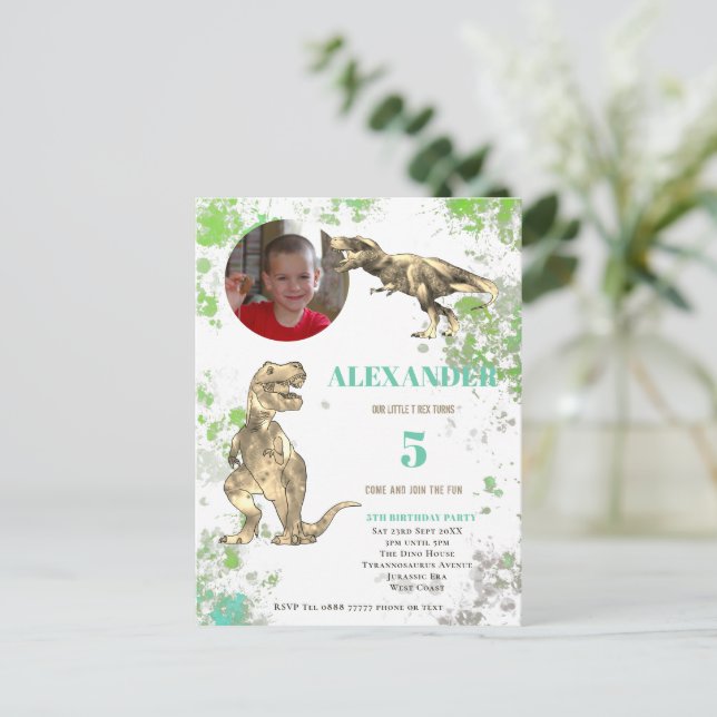 T rex 5th Birthday Party Tyrannosaurus Photo Invitation Postcard (Standing Front)