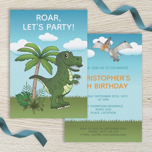 T_rex And Pteranodon Dinosaur Cute Kids Birthday Invitation