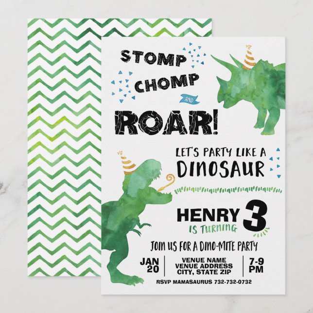 T Rex and Triceratops Dinosaur Birthday Invitation (Front/Back)