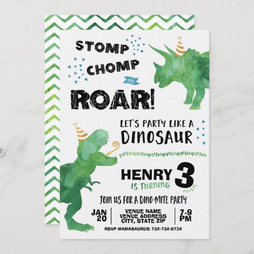 T Rex and Triceratops Dinosaur Birthday Invitation
