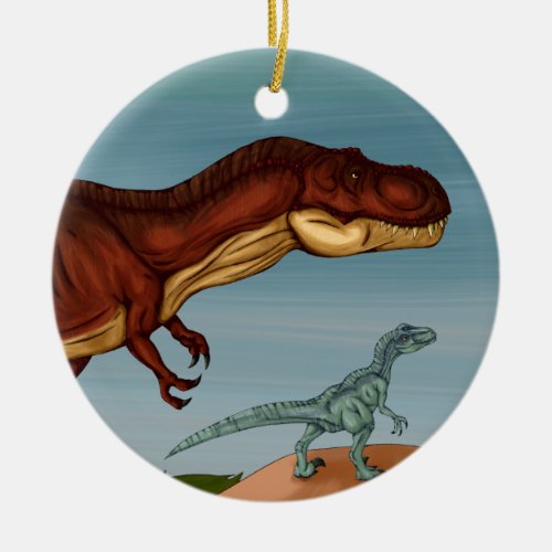 T_Rex and Velociraptor Ceramic Ornament