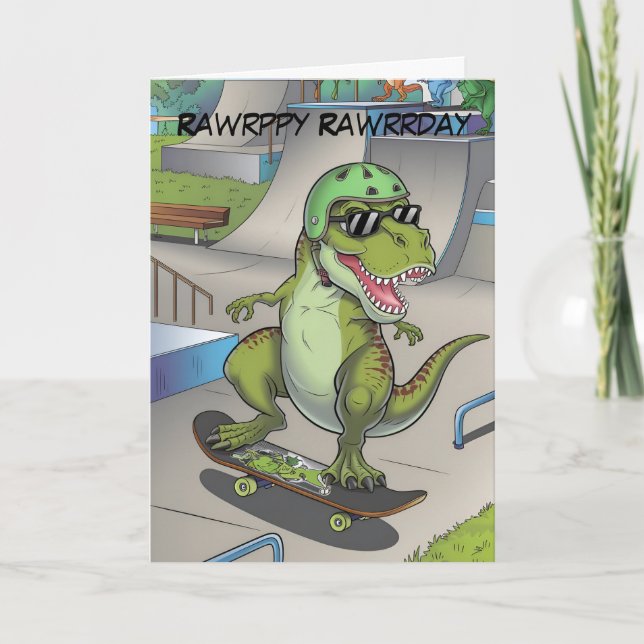 T-Rex at skatepark skateboarding Card (Front)