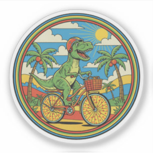 T-Rex Beach Bicycle Ride - Dino Summer Vacation Sticker