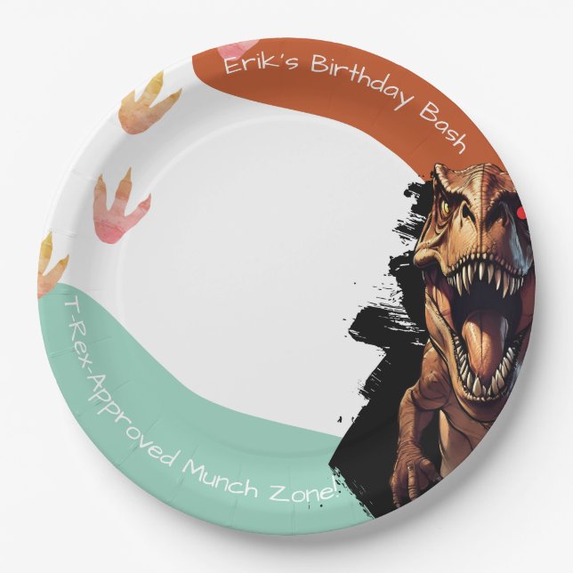 T-Rex Birthday Bash, Prehistoric Party Munch Zone Paper Plates (Front)