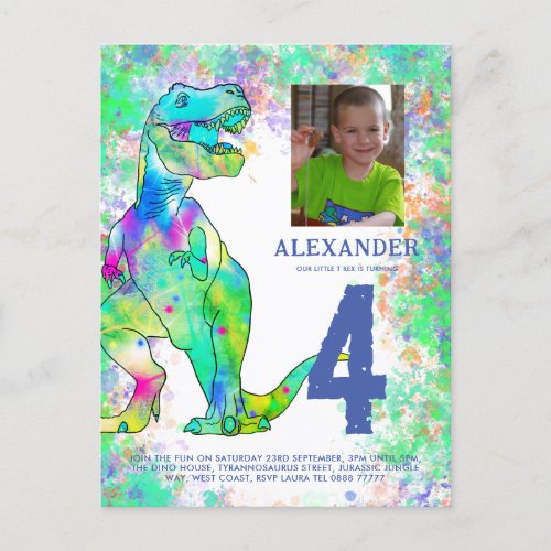 T Rex Birthday Party Photo Blue Invitation Postcard