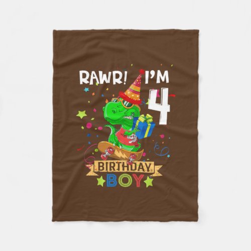 T rex Boy 4 Year Old 4th Birthday Boy Party Raw Fleece Blanket