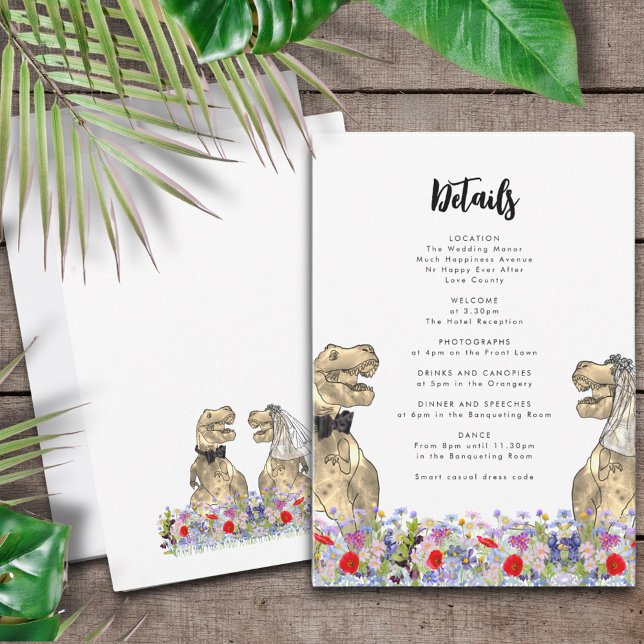 T-Rex Bride and Groom Dinosaur Wedding Details Enclosure Card (T-rex bride and groom floral dinosaur wedding invitation details enclosure card)