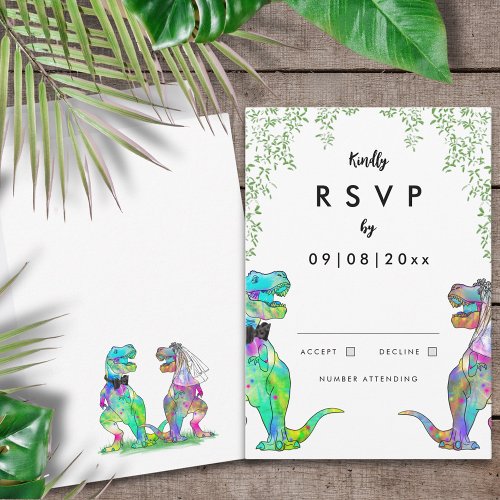 T_Rex Bride and Groom Dinosaur Wedding Reply RSVP Card