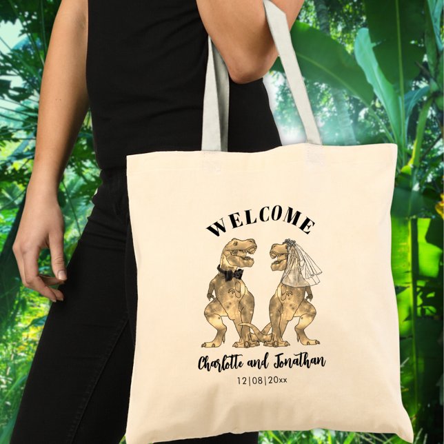 T-Rex Bride and Groom Dinosaur Wedding Welcome Tote Bag (Dinosaur themed wedding welcome favor tote with funny T-Rex bride and groom)