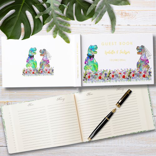 T_Rex Bride  Groom Floral Dino Wedding Gold Foil Foil Guest Book