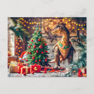 T-Rex Celebrating Christmas by Tree Holiday Postcard