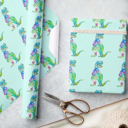 T_Rex Colorful Dinosaur Pattern Green Wrapping Paper