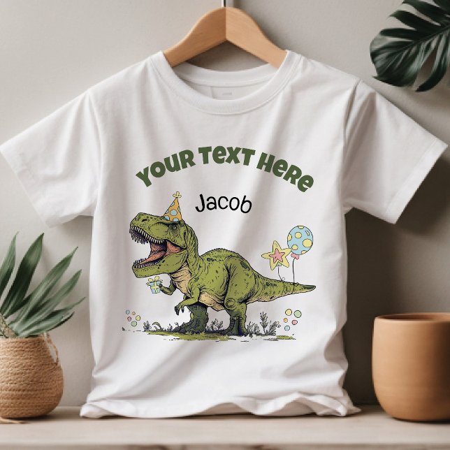 T-Rex Cute Dinosaur Theme Party Custom Name & Text Toddler T-shirt (Cute funny cartoon T-Rex dinosaur theme custom text name kids birthday party or adoption day t-shirt)