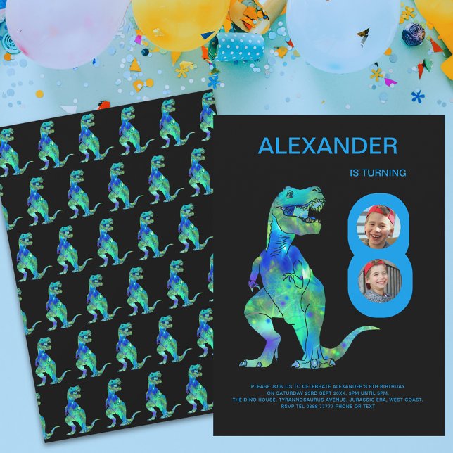 T-Rex Dino Boys 8th Birthday Party Custom photo  Invitation (Modern dinosaur T-Rex 8th birthday party photo invitation )