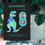 T-Rex Dino Boys 8th Birthday Party Invitation<br><div class="desc">Celebrate your dinosaur lover’s big 8th birthday with this vibrant, roar-some dinosaur 8th birthday party blue invitation with 2 photo collage. Featuring a colorful, eye-catching scary T-Rex illustration in bright, bold colors, this invitation is the perfect way to set the stage for an exciting celebration. Designed with original by artist...</div>