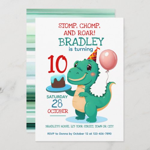T Rex Dinosaur 10th Birthday Party Invitation