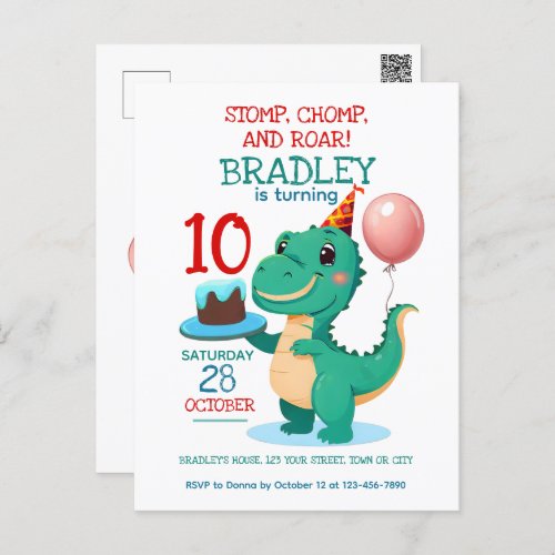 T Rex Dinosaur 10th Birthday Party Invitation Postcard