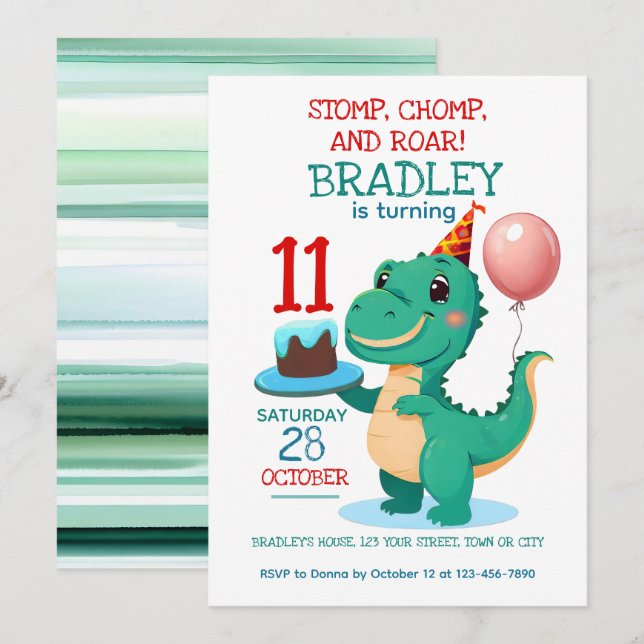 T Rex Dinosaur 11th Birthday Party Invitation (Front/Back)