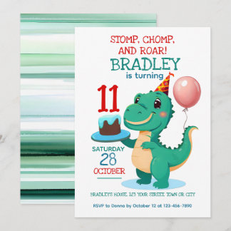 T Rex Dinosaur 11th Birthday Party Invitation
