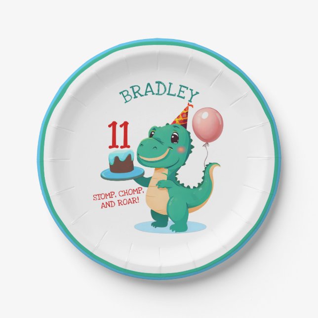 T Rex Dinosaur 11th Birthday Party Paper Plates (Front)