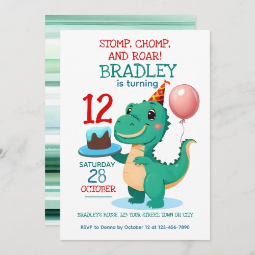 T Rex Dinosaur 12th Birthday Party Invitation