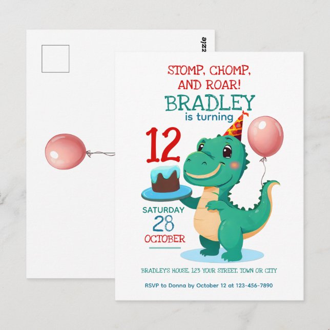 T Rex Dinosaur 12th Birthday Party Invitation Postcard (Front/Back)