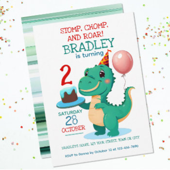 T Rex Dinosaur 2nd Birthday Party Invitation by ironydesign at Zazzle