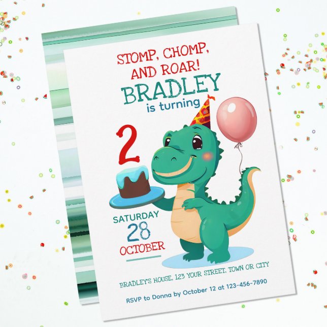 T Rex Dinosaur 2nd Birthday Party Invitation