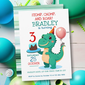 T Rex Dinosaur 3rd Birthday Party Invitation by ironydesign at Zazzle