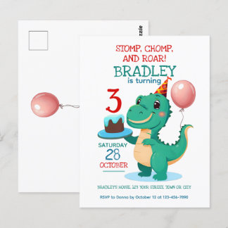 T Rex Dinosaur 3rd Birthday Party Invitation Postcard