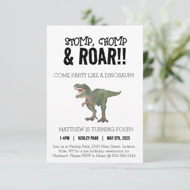 T-Rex Dinosaur 4th Birthday Party Invitation (Standing Front)