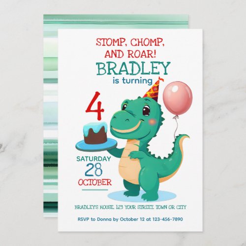 T Rex Dinosaur 4th Birthday Party Invitation