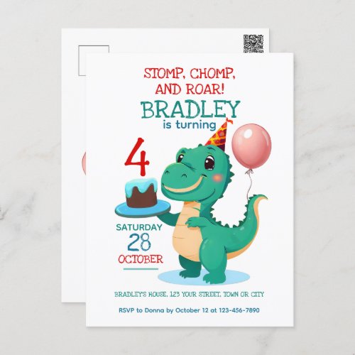 T Rex Dinosaur 4th Birthday Party Invitation Postcard