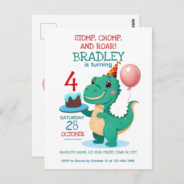 T Rex Dinosaur 4th Birthday Party Invitation Postcard (Front/Back)