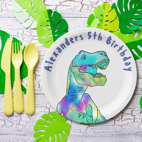 T_Rex Dinosaur 5th Birthday Party add Name Paper Plates