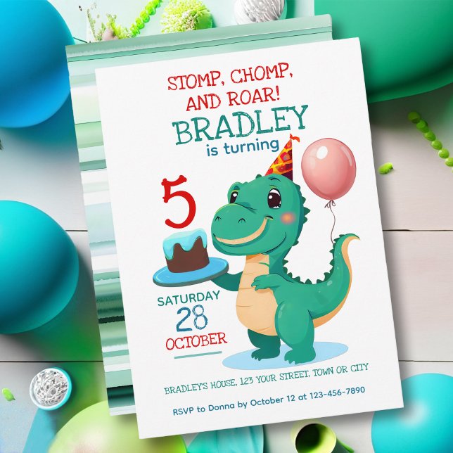T Rex Dinosaur 5th Birthday Party Invitation