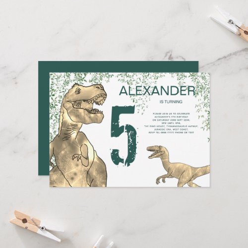 T Rex Dinosaur 5th Birthday Party Invitation