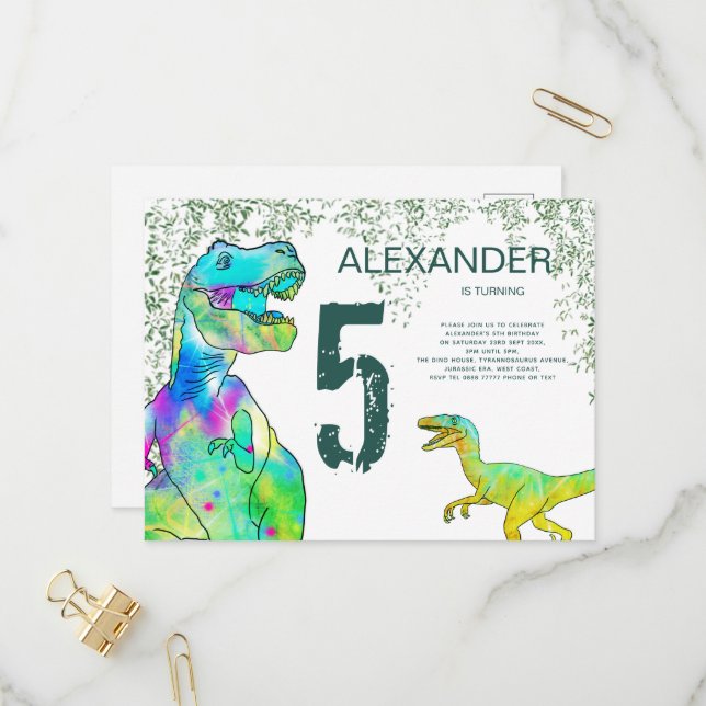 T Rex Dinosaur 5th Birthday Party Invitation Postcard (Front/Back In Situ)