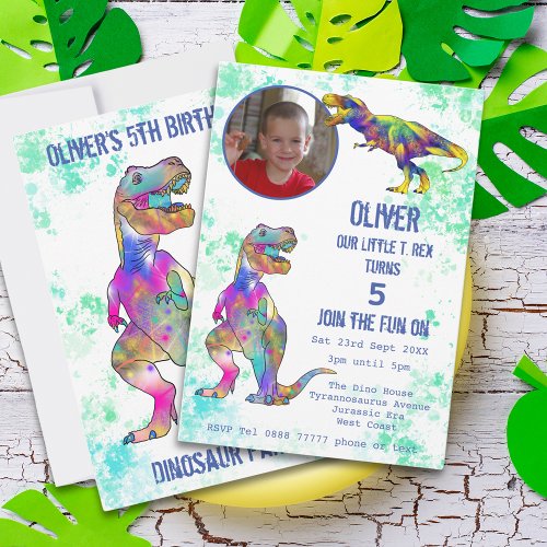 T_Rex Dinosaur 5th Birthday Party Photo  Invitation