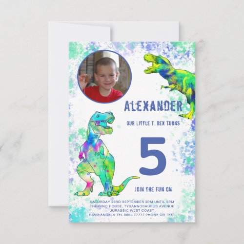 T Rex Dinosaur 5th Birthday Party Photo Invitation