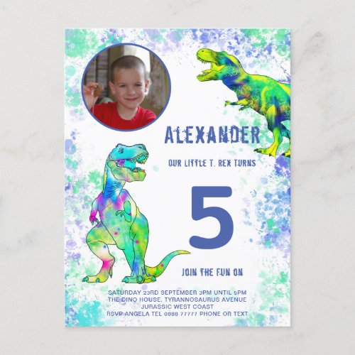T Rex Dinosaur 5th Birthday Party Photo Invitation Postcard