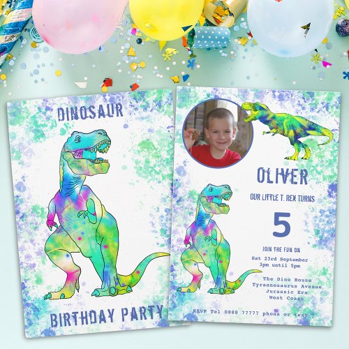 T rex Dinosaur 5th Birthday Photo Green Blue Invi Invitation