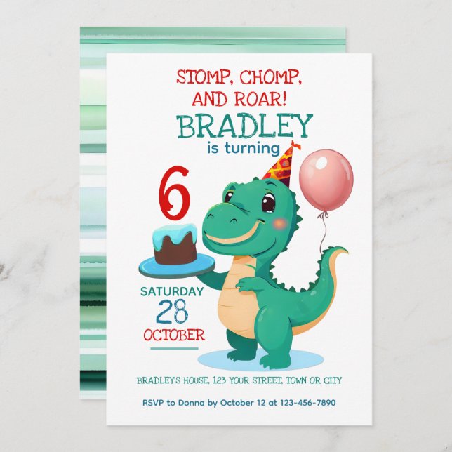T Rex Dinosaur 6th Birthday Party Invitation (Front/Back)