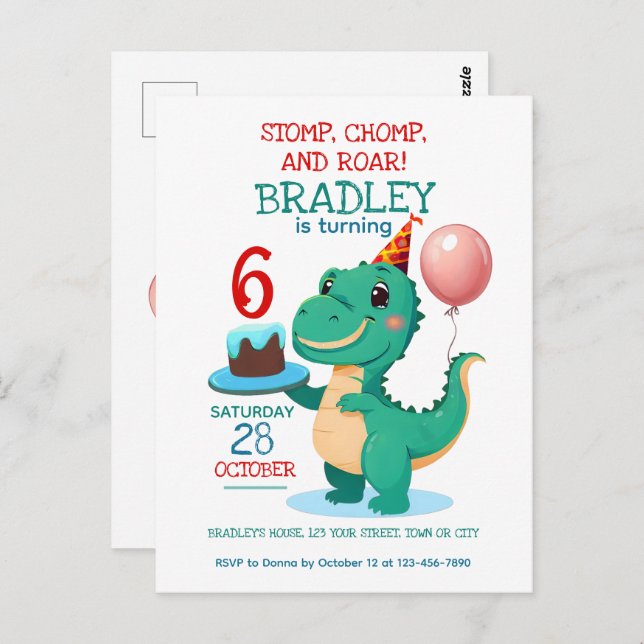 T Rex Dinosaur 6th Birthday Party Invitation Postcard (Front/Back)